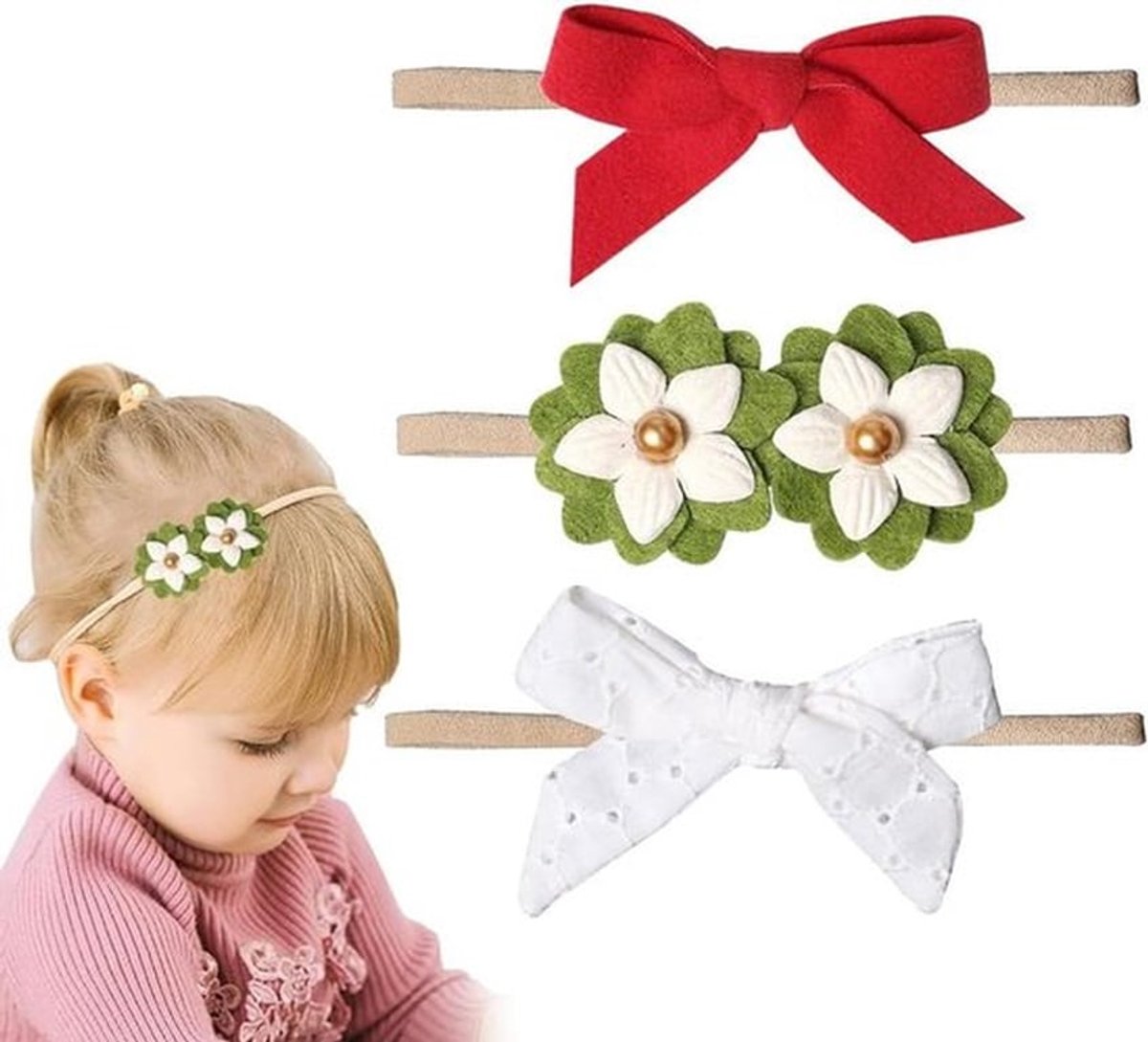 Hoofdbanden voor pasgeboren baby's - set van 3 haaraccessoires in groen, wit en rood. Handgemaakte fluwelen strikken met elastische bloemen. Aanvulling: schattige haarclips, babyaccessoires, haardecoratie.