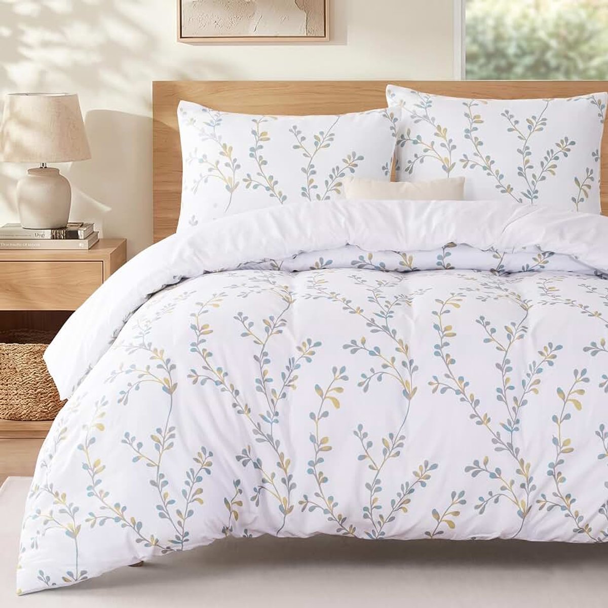 Mezcla Zomer Dekbedovertrek Set, Bloemenprint voor Bed 105/120, 1 Dekbedovertrek 200x200cm met 2 Kussensloop, Fris en Natuurlijk, Zacht en Comfortabel, Wit