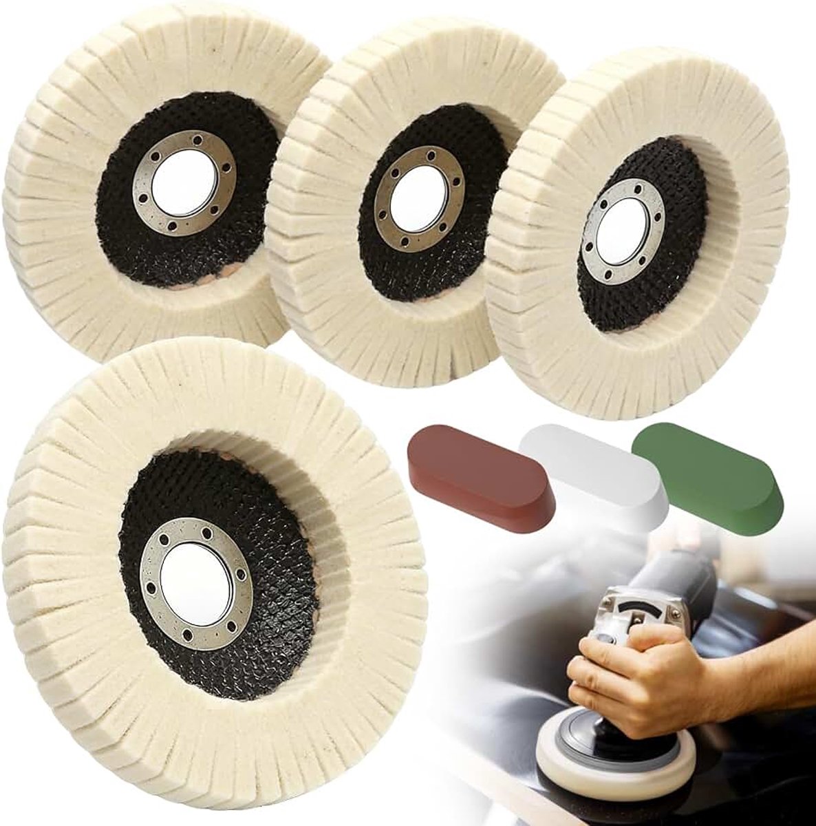4 slijpschijven 125 mm van wol 3 schuurpasta voor carrosserie | metaal of andere materialen polijstkit auto compatibel met draagbare haakse slijper