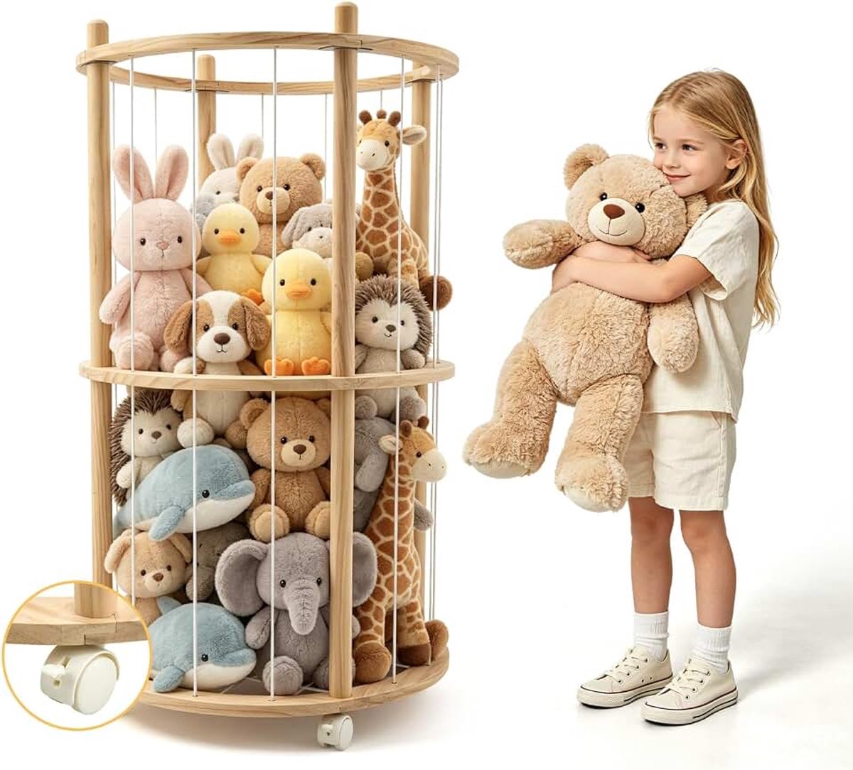 Opslag voor knuffeldieren, houten knuffeldier, opslag met 360° rem, uitgerust met wielen, elastieken, ruimtebesparende pluche dier, speelgoed, organizer voor speelkamer en slaapkamer (rond)