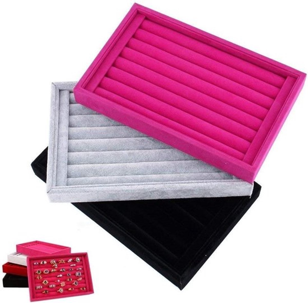 Dienblad van fluweel voor ringen en oorbellen - Presentatie en organisatie - 23 x 15 cm - Roze kleur