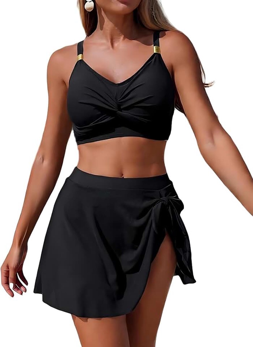 Dames set met mesh rok V-hals tweedelig badpak hoge taille buikweg bikini badmode