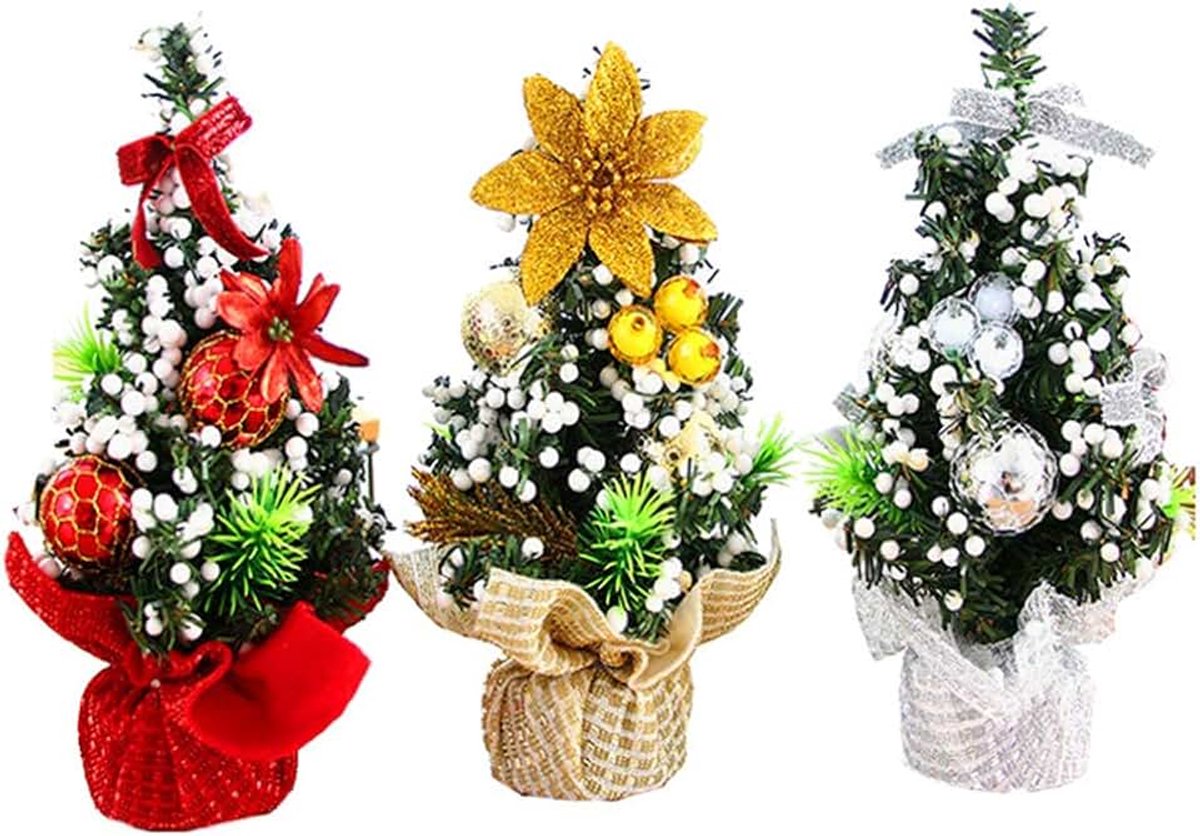 Byou Mini-kerstboom, kunstkerstboom, 3 stuks, goud, zilver, rood, bureau, kerstboom voor tafel en bureau, tops, Kerstmis, thuis, feestdecoratie