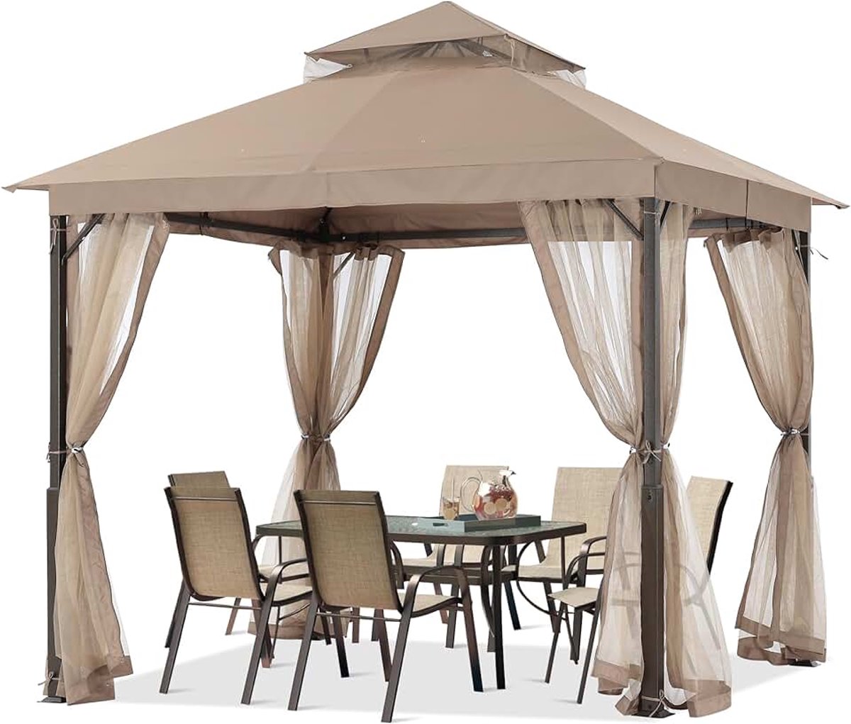 Terras paviljoen 8 x 8, tuinpaviljoen met stalen frame en muggennet voor gazon, binnenplaats, tuin (beige)
