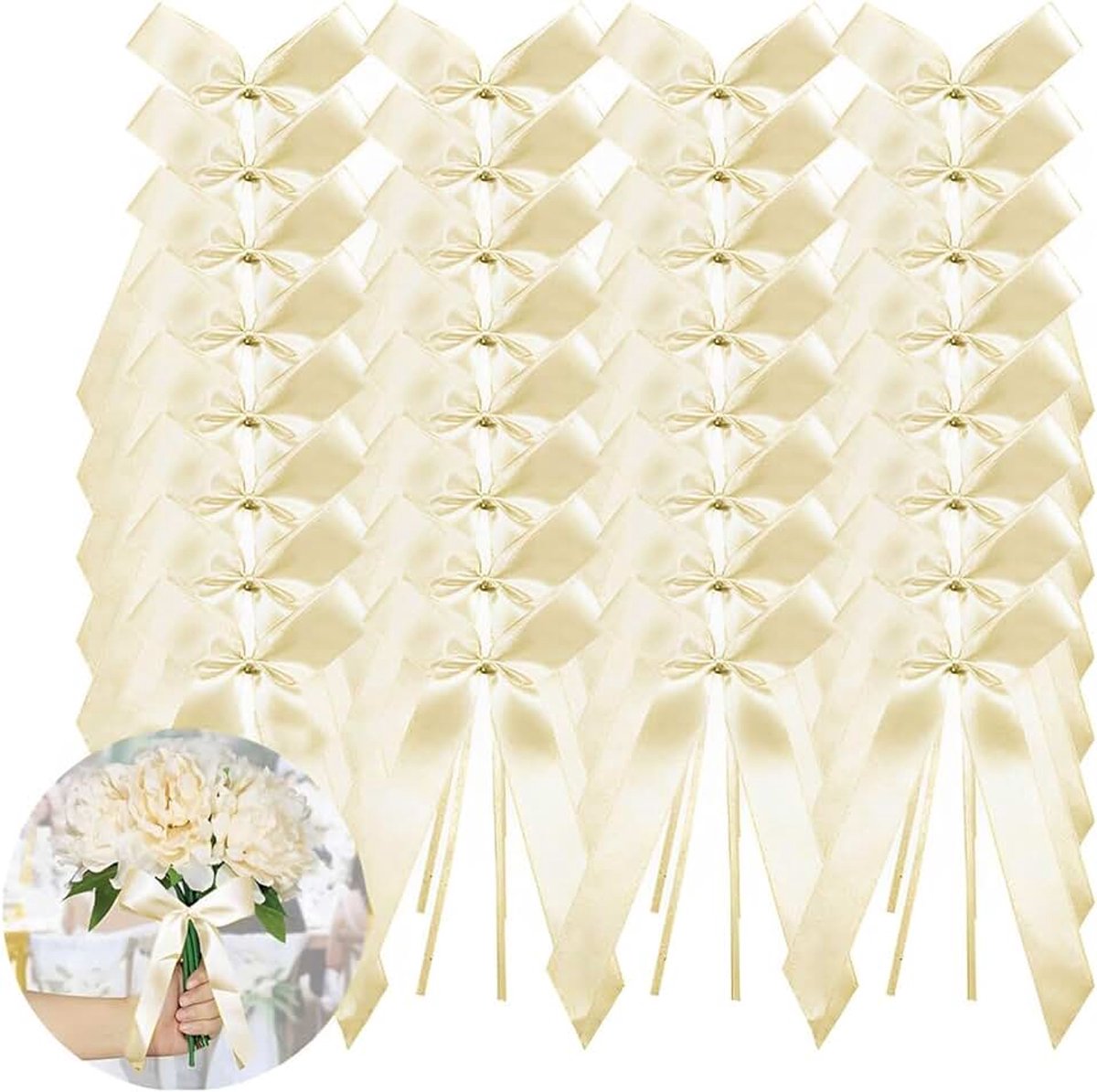 100 stuks decoratie voor bruiloft, satijnen strikken, auto, ivoorwit