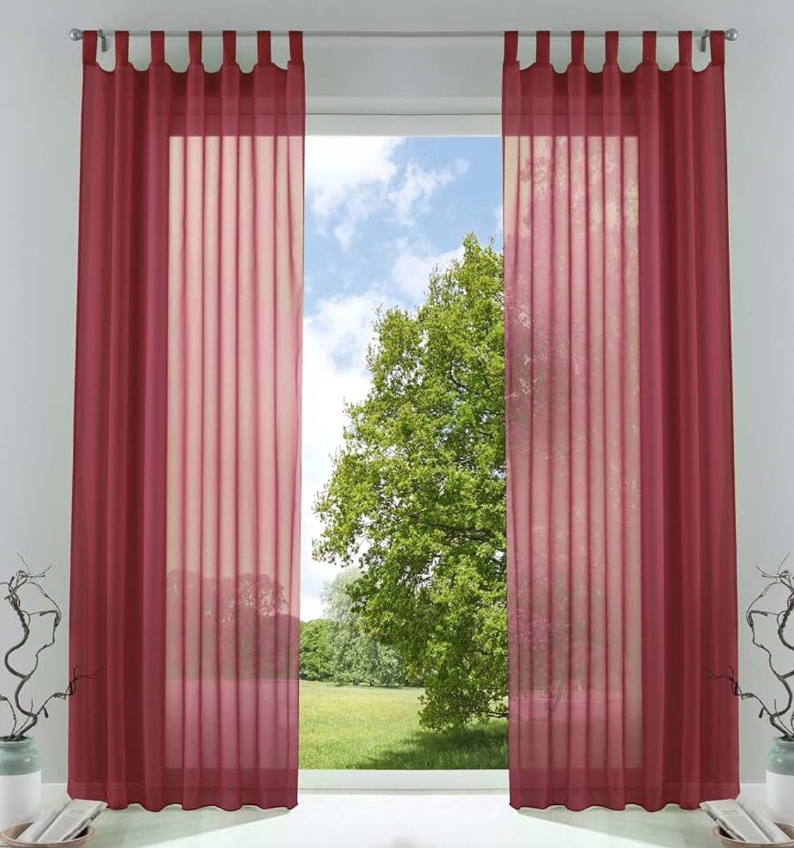 Set van 2 gordijnen, transparant, voor de woonkamer, voile met loodband, H x B 245 x 140 cm, bordeaux, 61000CN | Afneembare lussen voor gordijnrail, ingenaaide plooiband, loodband, 100% polyester voile, wasbaar op 40 °C