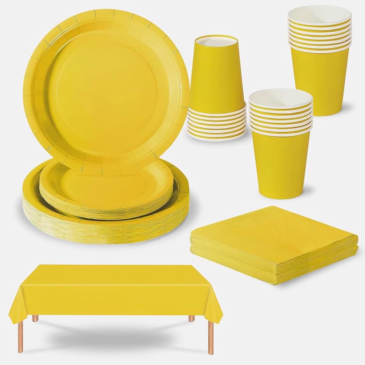 69-delige gele feestserviesset van plastic tafelkleed, papieren borden, servetten en bekers voor kerstfeestartikelen, gele tafeldecoratie-serviesset voor kinderen en volwassenen, verjaardagen en