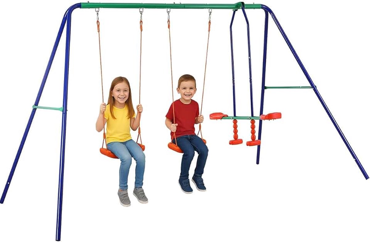 Tuinschommel voor kinderen, 4-zits met hobbelpaard voor kinderen, voor buiten, robuuste stalen structuur