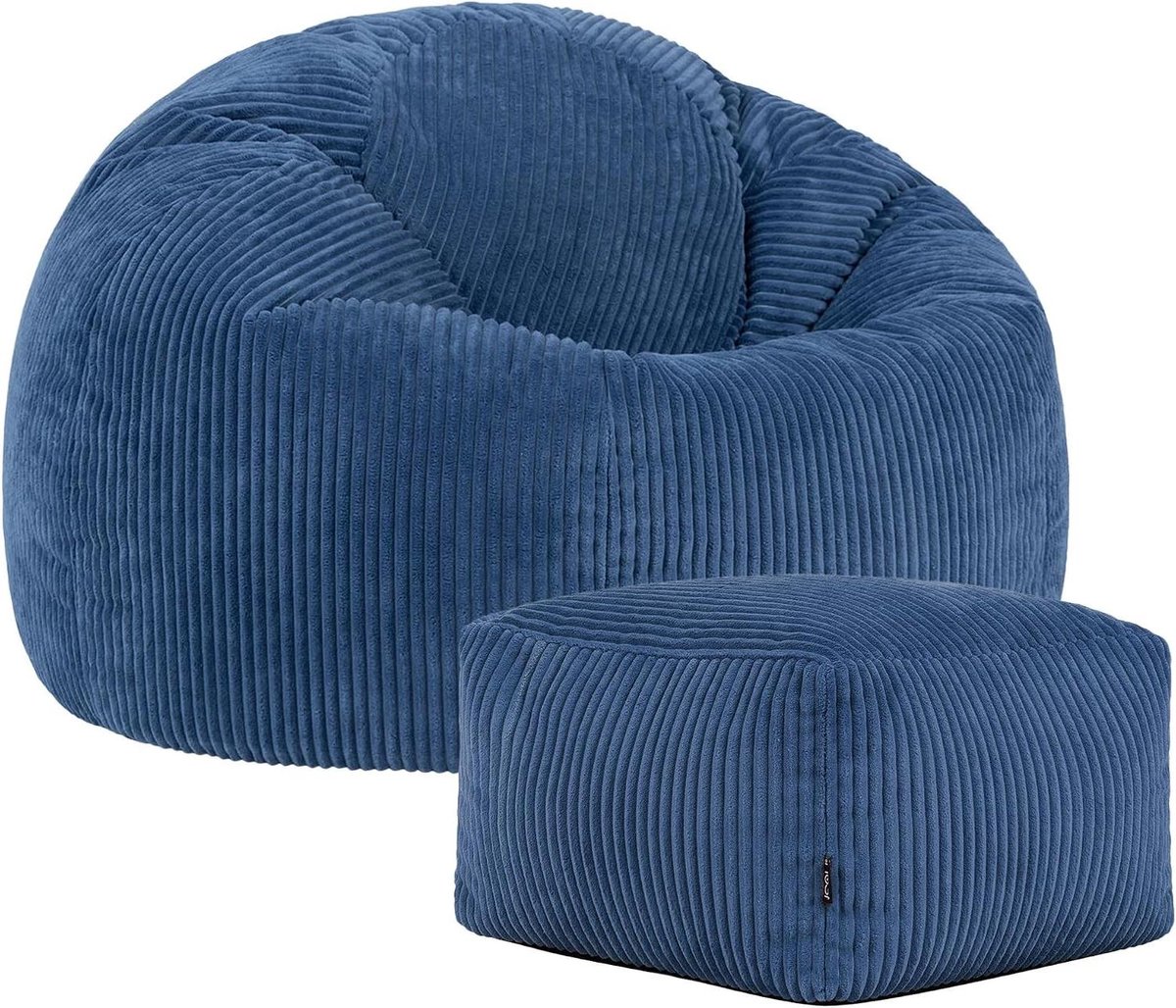 Zitzak met Hocker - Zitkussen Poef - Ontspannen Zitten - Zachte Corduroy Stof - 85 cm Diep - Denim Blauw