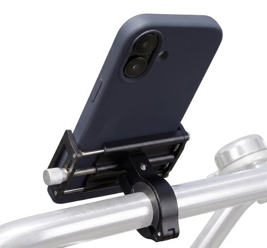 Zwarte telefoonhouder op fietsstuur met donkerblauwe telefoon.