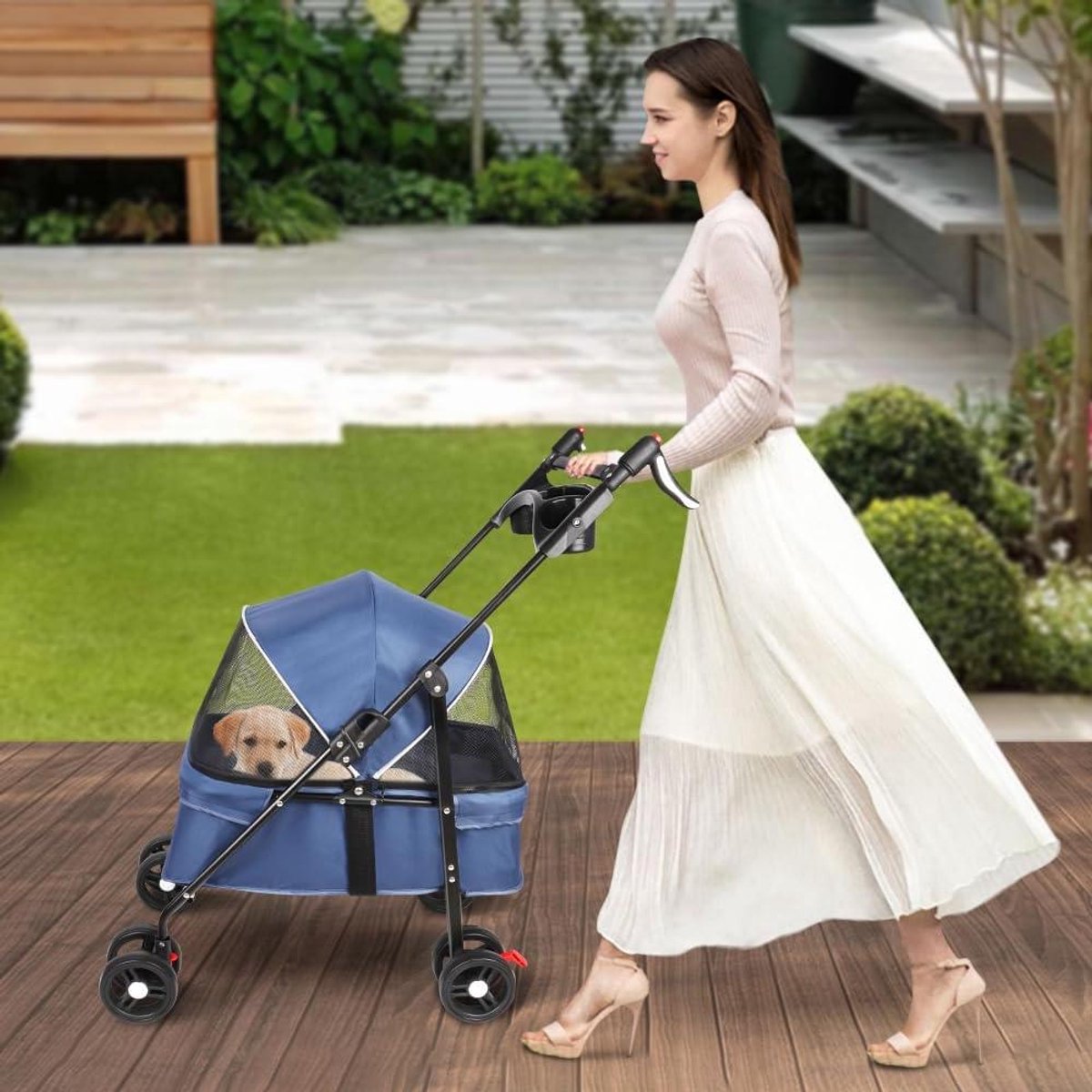 Opvouwbare Huisdierbuggy - Dierenwagen Kinderwagen - Comfortabel Reizen - Inclusief Bekerhouder - 50 x 70 x 95 cm - Blauw