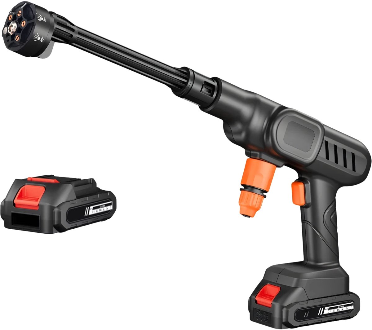 Hogedruk waterpistool – Voor auto en tuin – 25 Bar 6-in-1 multifunctioneel mondstuk met 5 m slang – 1pc 10000mAh batterij