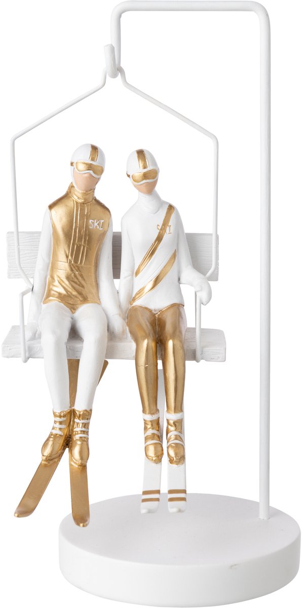J-Line Skiërskoppel met skilift - polyresin - wit/goud