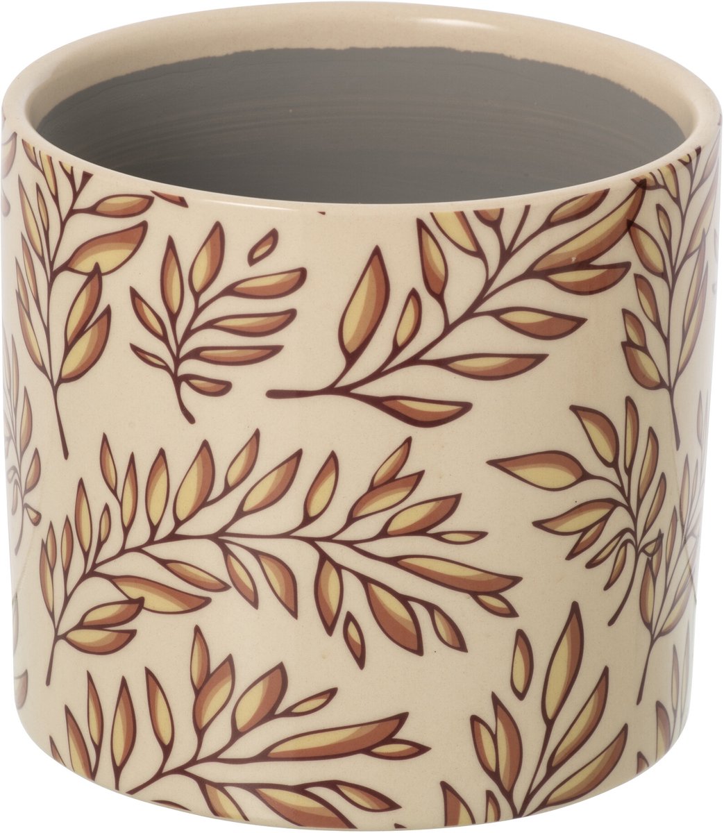 J-Line Bloempot met bladeren - keramiek - ecru/bruin - large