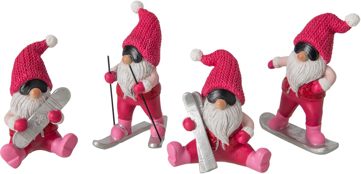 J-Line Kerstman op ski’s - polyresin - fuchsia/kerstrood - assortiment van 4