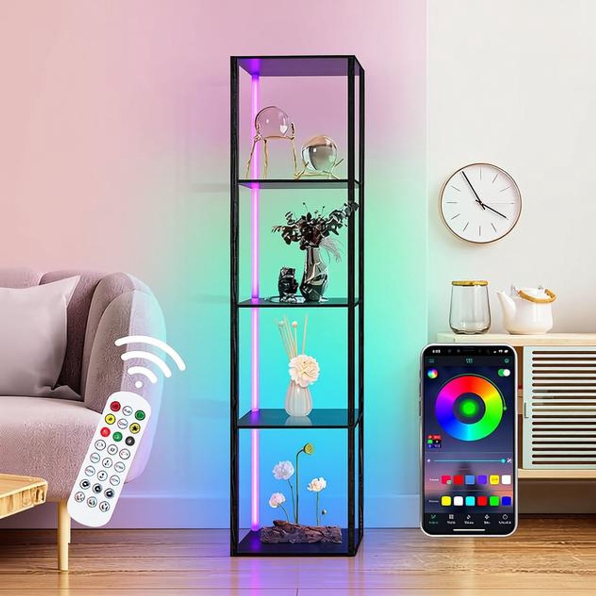 Boekenrek met LED-verlichting, 5-traps staande lamp met houten planken, staande lamp met afstandsbediening en app voor woonkamer, slaapkamer en werkkamer.