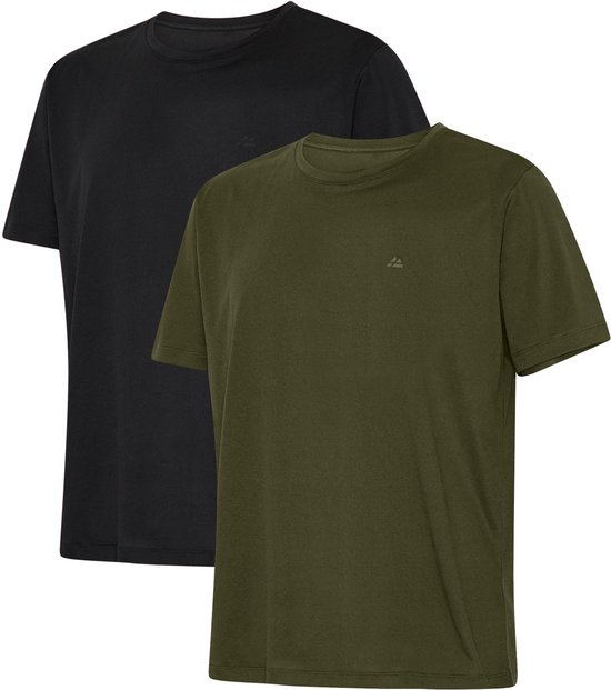 Zwart en olijfgroen heren T-shirt met korte mouwen, op een witte achtergrond. Beide shirts hebben een subtiel logo op de borst.