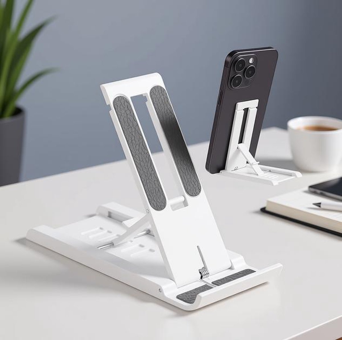 Huis Geluk Mobiele telefoonstandaard - Verstelbare opvouwbare telefoonhouder voor op tafel - Universeel voor alle smartphones en tablets van 4 tot 13 inch - Zwart