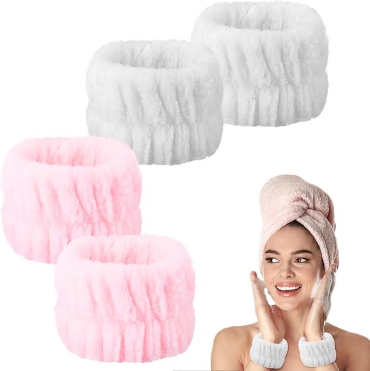 Set van 4 Wrist Spa wasbanden, koraal fleece, voor huidverzorgingsliefhebbers, yogabeoefenaars, sporters, roze en wit, eenheidsmaat