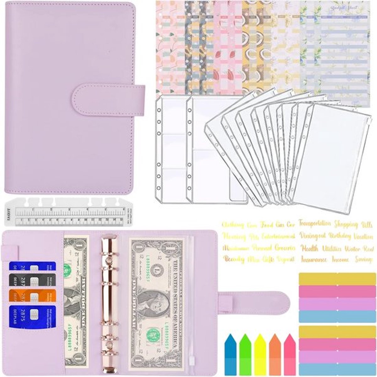 A6-budgetplanner ringmap - 29-delige notitieboek geldorganizer met budgetbladen en stickers voor reizen en werk