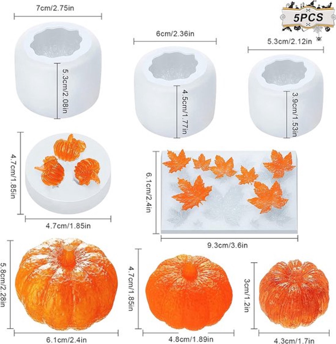 Siliconen mallen voor Halloween en herfst decoraties - 5 stuks 3D pompoen en esdoornblad