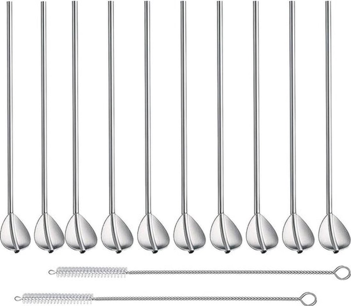 Herbruikbare RVS rietjeslepel set - 6 stuks met reinigingsborstel - ideaal voor smoothies en cocktails