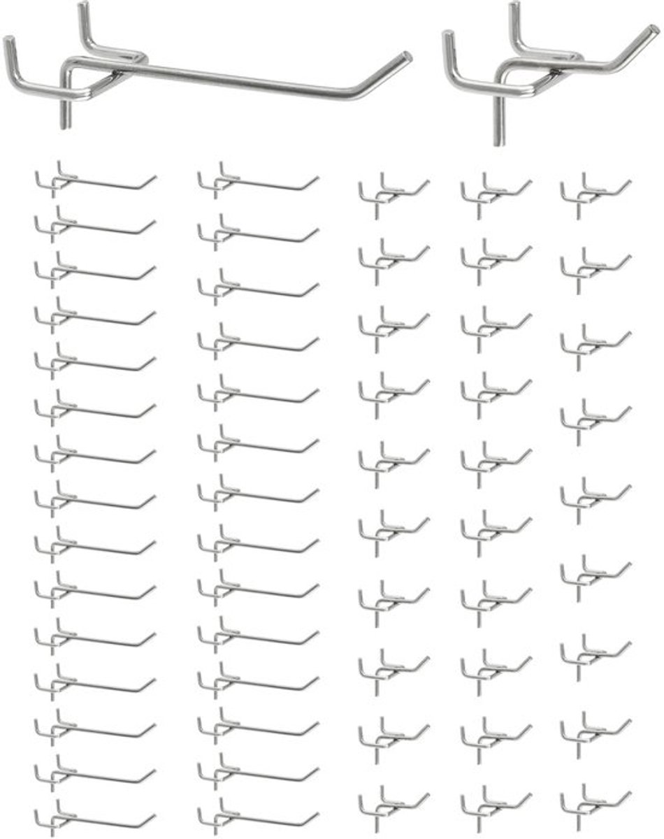 Muurhaken 60 Stuks - Pegboardhaken - Gereedschapsmuurhaken - Roestvrij Staal - 5cm/10cm - Verchroomd oppervlak