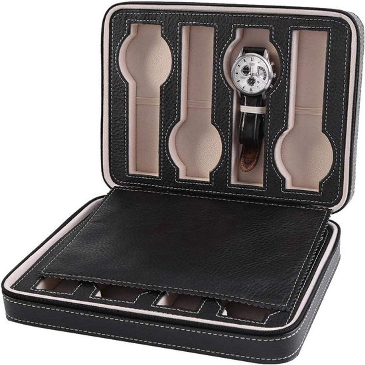 Horloge Opbergdoos Kunstleer 8 Vakjes Draagbaar Reis Horloge Organizer (Zwart)