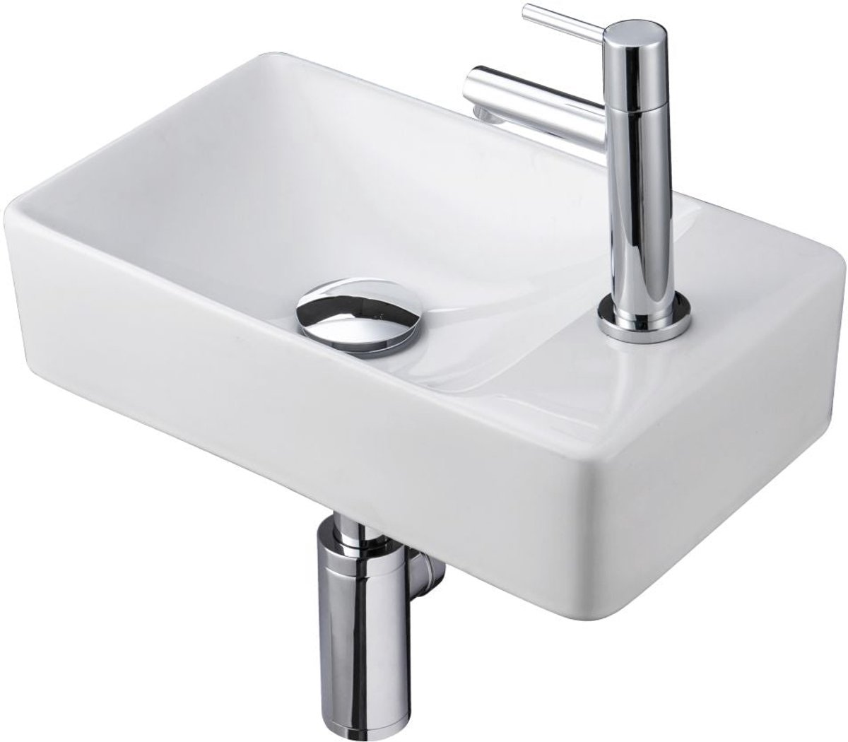 ALONI Essi fonteinset compleet – fontein rechts – kraan, sifon en afvoerplug – glanzend wit – chroom – 38x22 cm