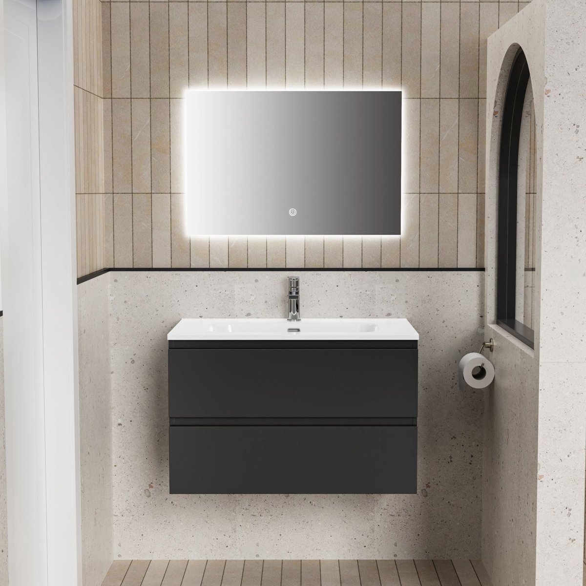 ALONI LIVA badkamermeubelset compleet – 80 cm – mat zwart – met wastafel en LED spiegel – softclose