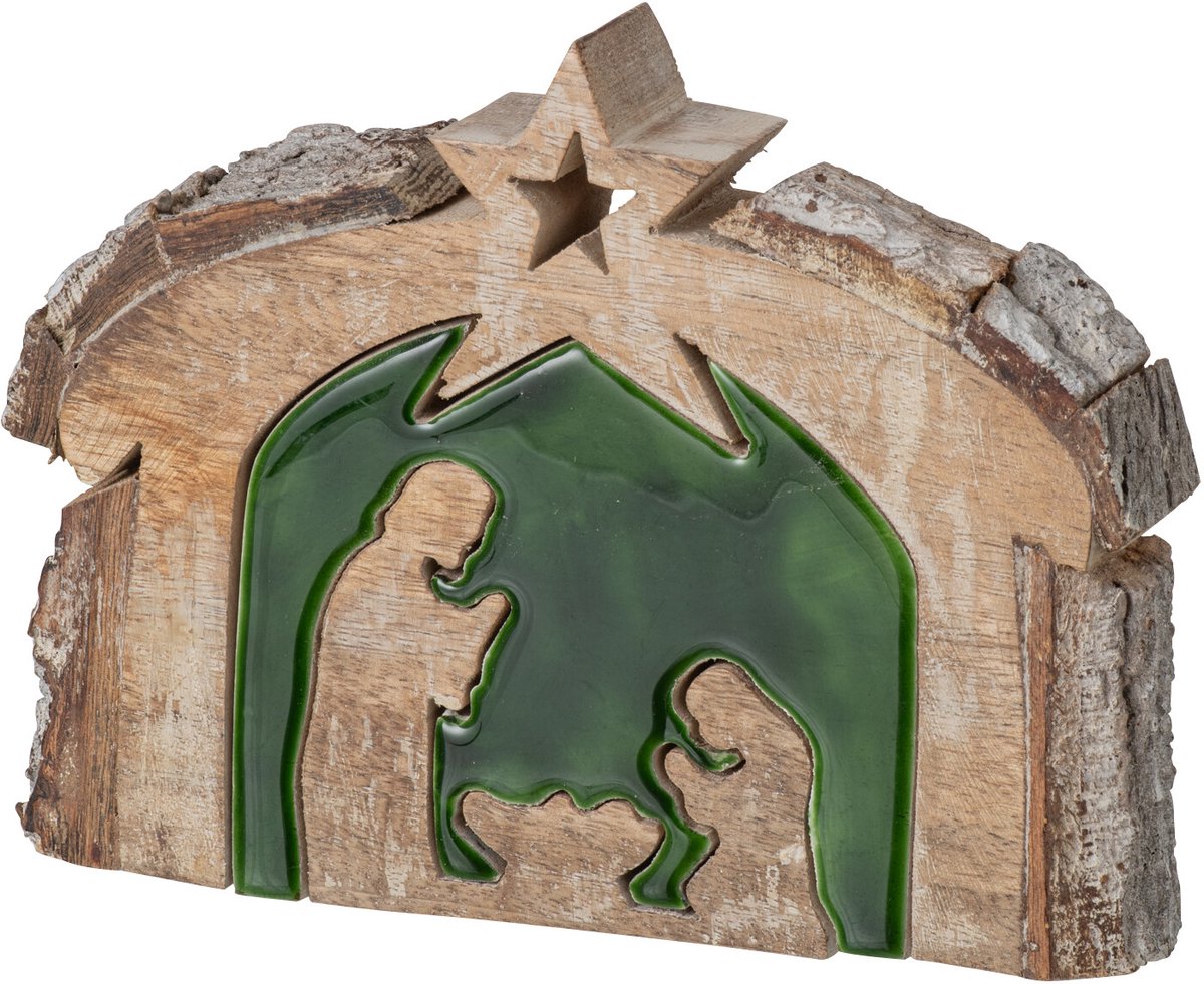 J-Line Kerststal met schors - mangohout - naturel/donkergroen - small