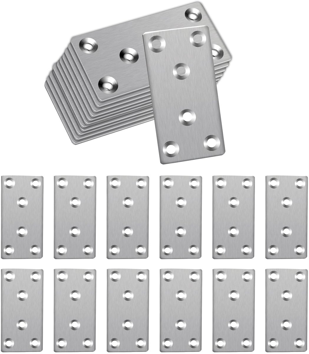 12 stuks 80 x 40 mm roestvrijstalen zilveren platte verbindingsplaten - perfect voor wandplaathangers, slaaprailsteunen, composiet terrasschroeven en hekpaalreparatie