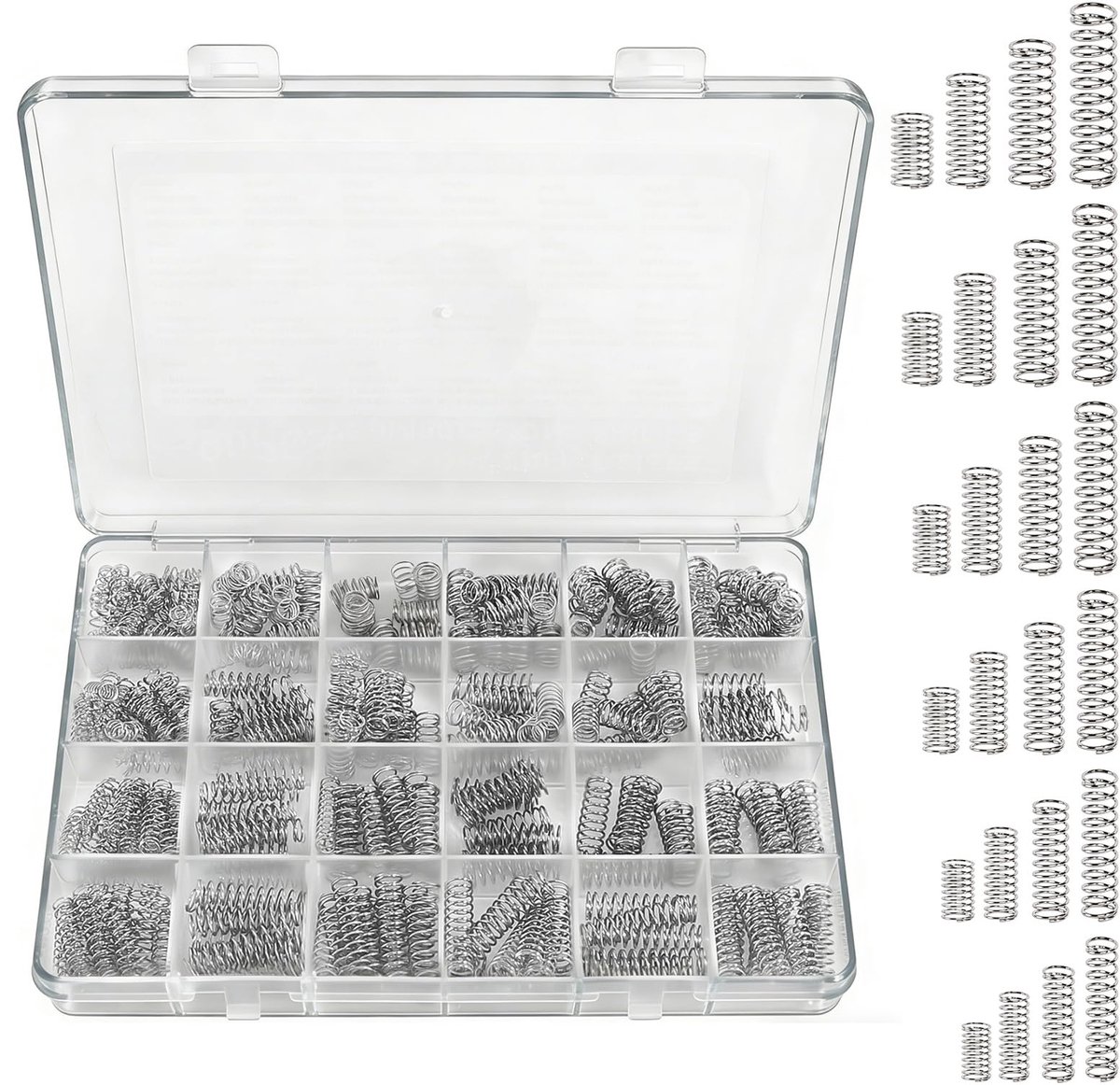 390 stuks drukveren, assortimentset, roestvrij staal, drukveer met sorteerdoos, 24 verschillende maten, roestvrij staal, kleine veren, set mini-veren voor doe-het-zelf thuis, auto-reparaties