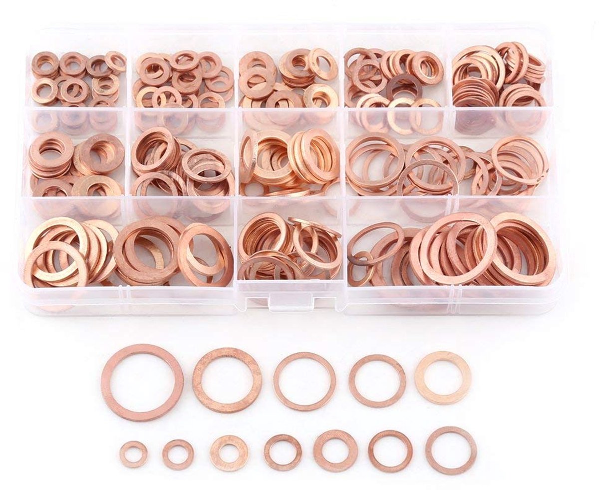 Afdichtringen, platte koperen ringen, sluitringen, assortiment met doos voor schroeven, verbindingselementen (12 maten)
