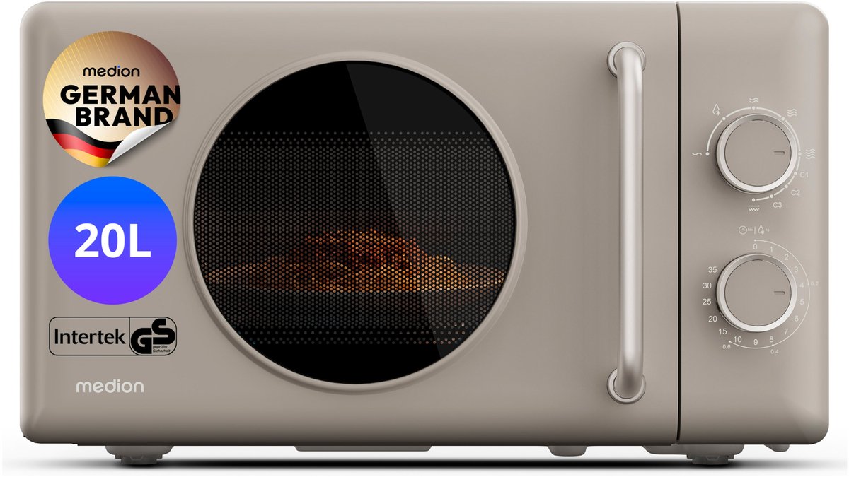 MEDION Retro magnetron met grill - 20 L - zandbeige | 800 watt, 5 vermogensstanden, 3 combiprogramma’s, timer, ontdooifunctie, MD100119