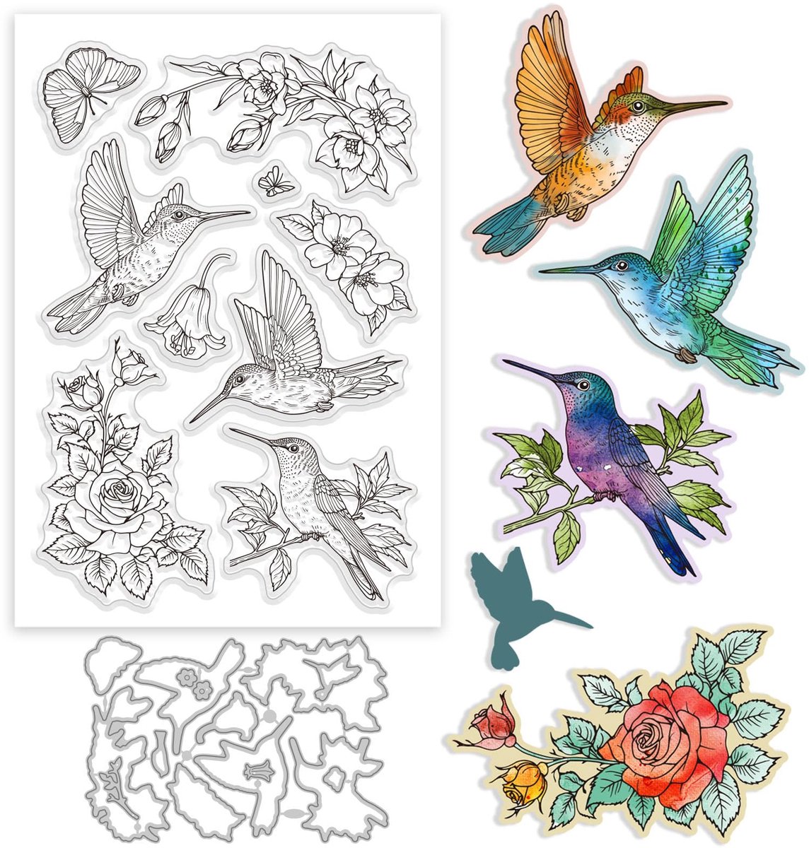 Set met Transparante Stempels en Snijmalen Colibri voor Kaarten Maken, Roze Lentebloemen, Transparante Siliconen Stempel, Metalen Vogels, Vlinder Snijmallen