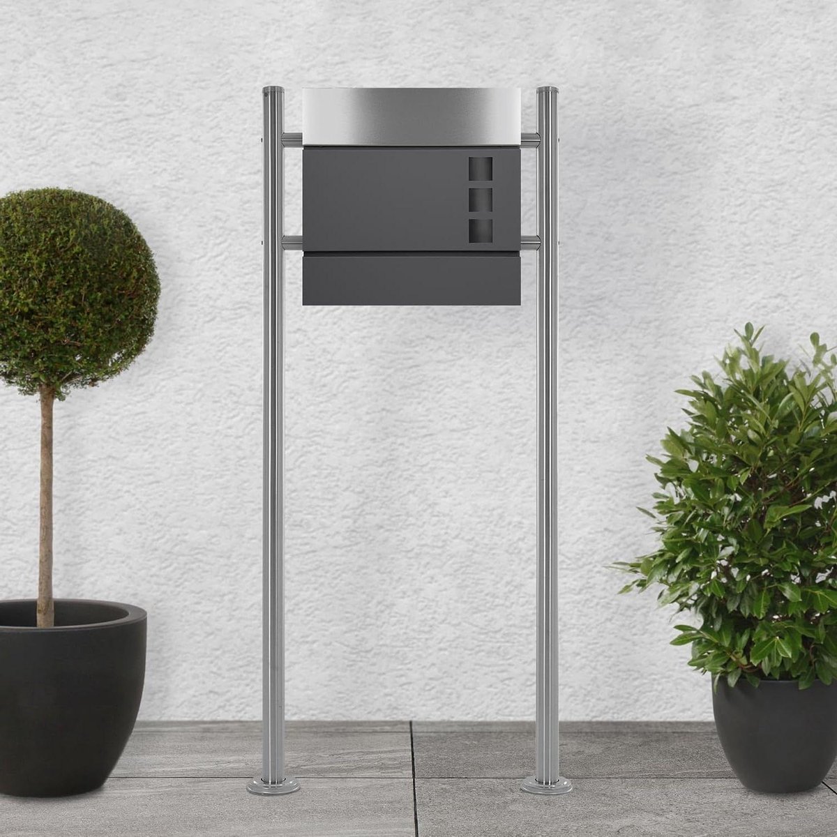 Staande brievenbus - Brievenbussysteem met paal - Post ontvangen - Geïntegreerd krantenvak - 120 cm hoog - Antraciet/Zilver