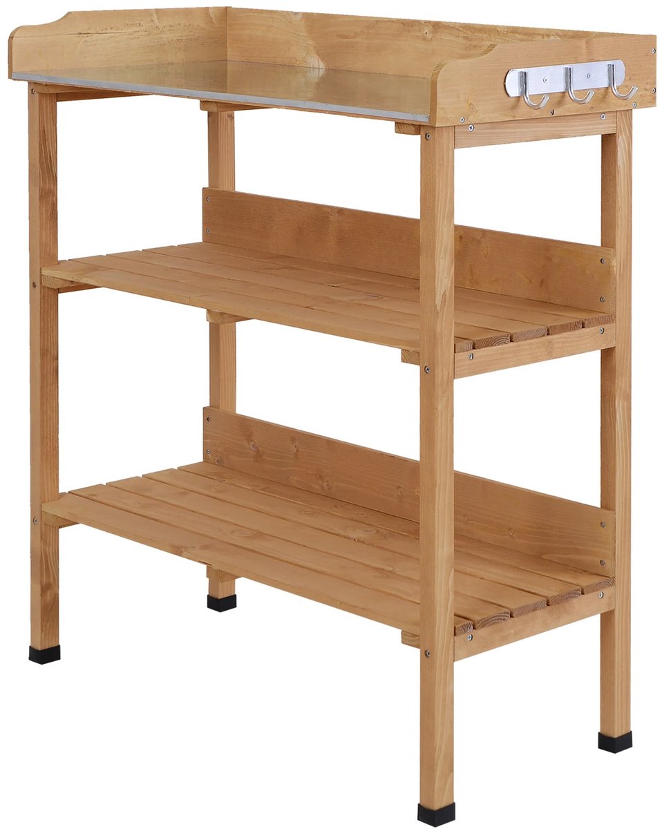 Emvae Plantentafel - Oppottafel - Verpottafel - Pottafel - Gegalvaniseerd Werkblad, 2 Planken en 3 Haken - 76 x 37 x 89 cm - Vurenhout
