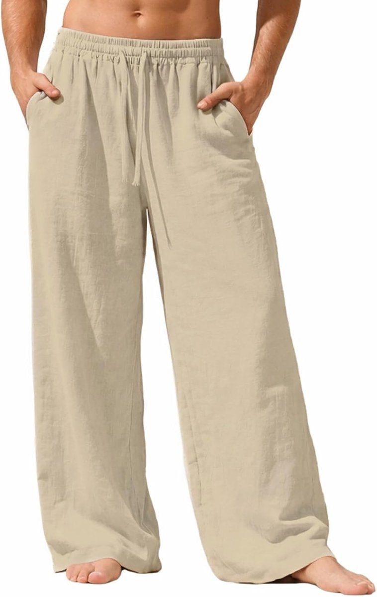 Broek katoen linnen heren zomer breed licht ademend 3 zakken elastische tailleband trekkoord comfortabele brede pijpen yogabroek vakantie casual thuis strand