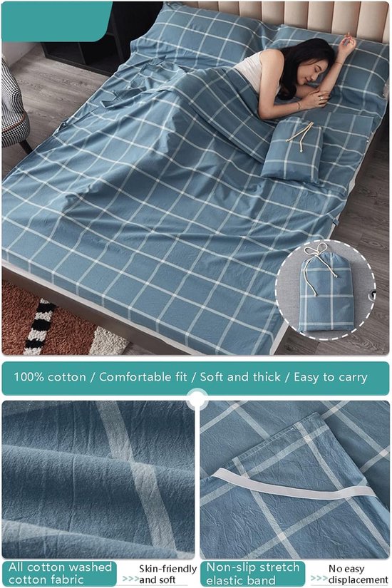 Slaapzak Liner - Reislaken Katoen - Hygiënisch Slapen - Ademend Materiaal - 80x210cm - Blauw — afbeelding 3