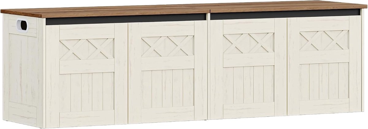 HzuaneriSchoenenbankje met opbergruimte, 150 cm, wit en bruin, landelijke stijl, opbergkist, 2 veiligheidsscharnieren, 40 x 150 x 48,5 cm, voor hal, slaapkamer, woonkamer