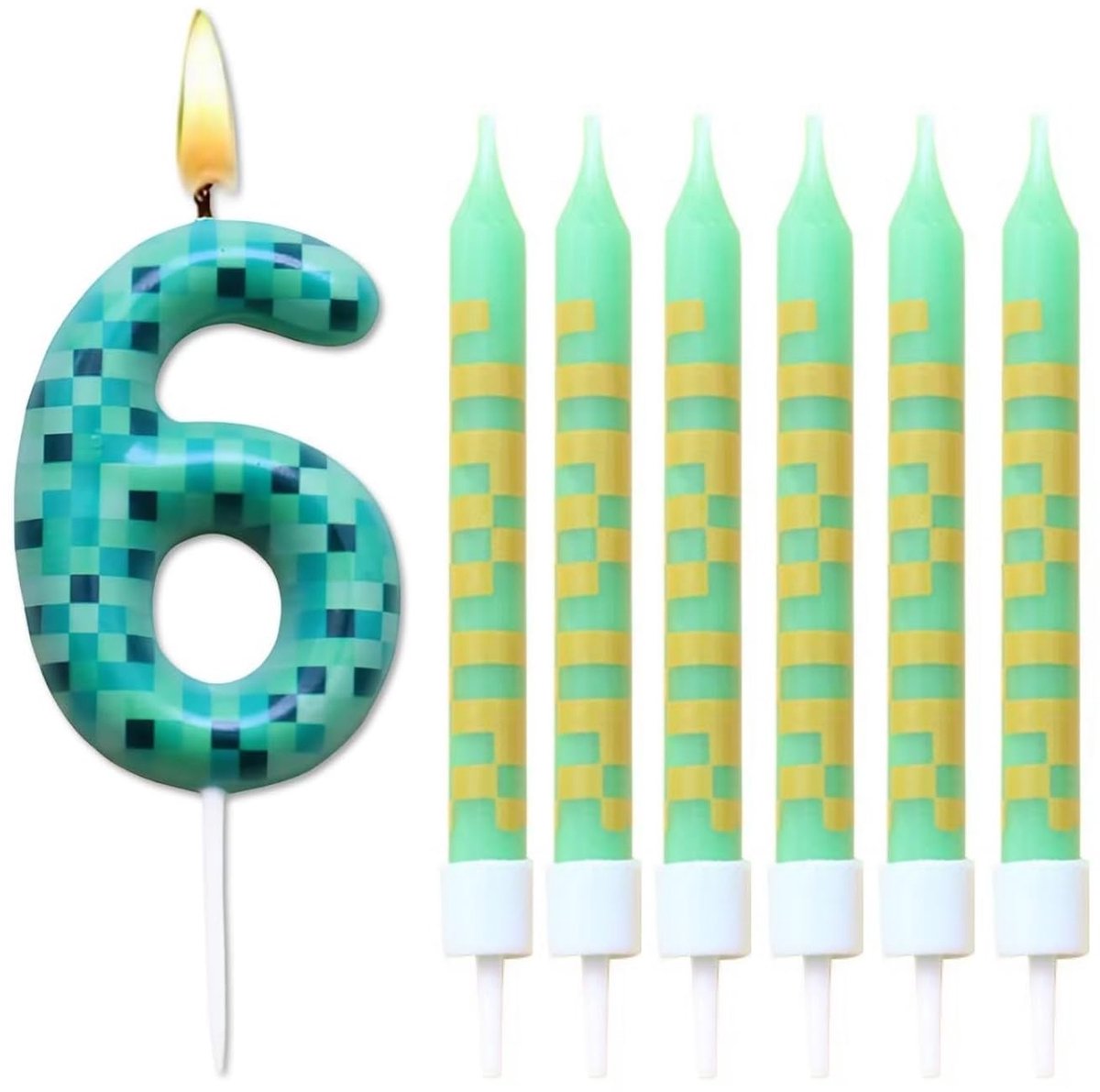 Kaarsen, 7 stuks, cijfers, 6 verjaardagskaarsen, jongens meisjes, 3D-pixelmotief, verjaardag, taartdecoratie, kaarsen, groen, pixel, verjaardagskaarsen, cartoon, gaming, thema, taartfeest