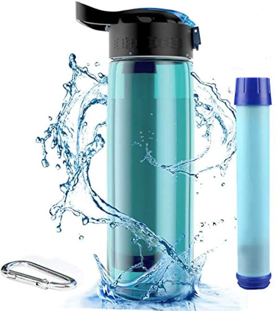 Waterfilterfles, noodwaterzuiveraar met 2-traps geïntegreerd filterrietje voor reizen, kamperen, wandelen, backpacken, BPA-vrij, 625 ml (22 oz) mint