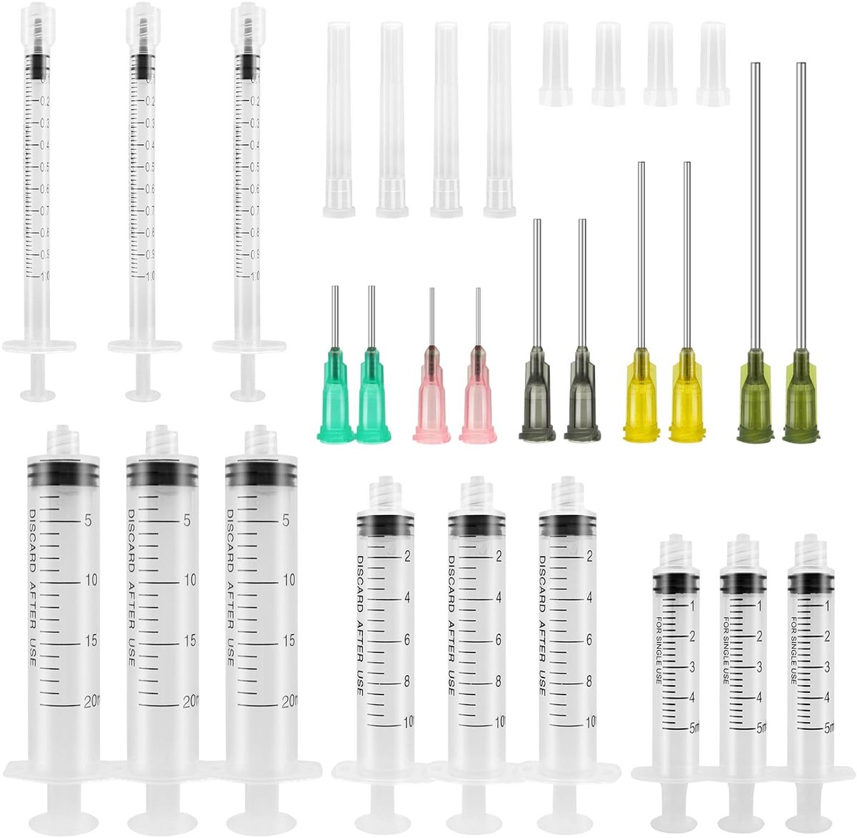12 stuks 1ml 5ml 10ml 20ml stompe puntspuiten, spuitenset met stompe naalden, 14Ga 15Ga 16Ga 18Ga 20Ga stompe naald en doppen, kunststof spuit voor het toedienen van vloeistof