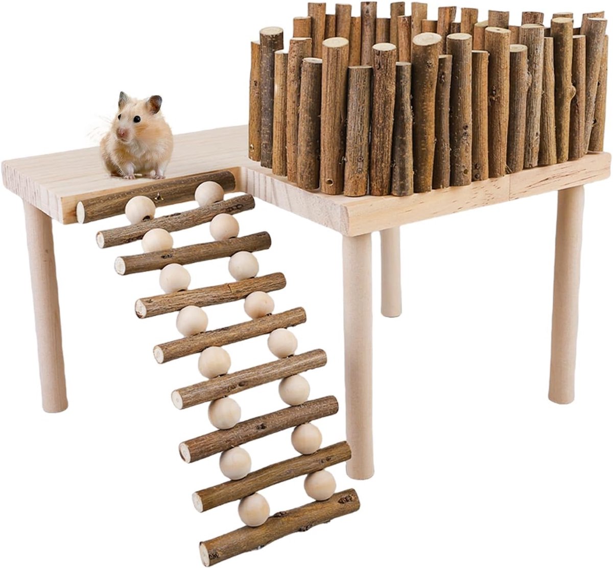 Speelgoed voor hamsters, houtactiviteit met ladder en plank, hamsterklimplatform voor parror, racemuis, eekhoorntjes, ratten, hamsters, goudbeer, vogel