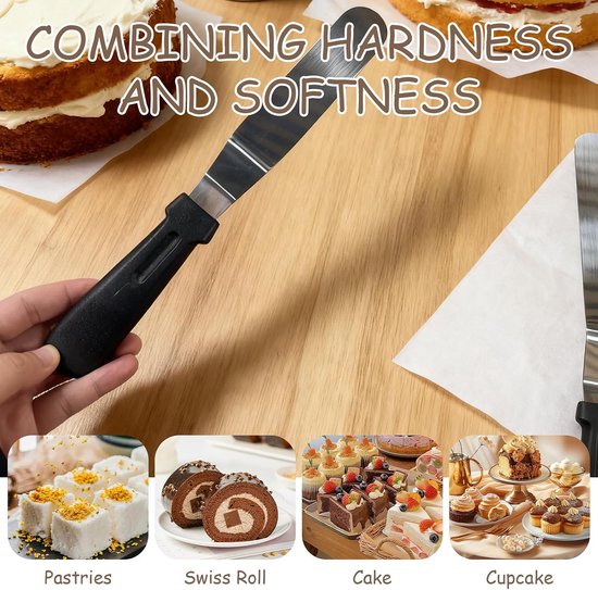2 stuks, professionele gebogen spatel van roestvrij staal, voor cake, pannenkoeken, decoratie en gladmaken met ergonomische antislip handgreep (zwart) — afbeelding 5