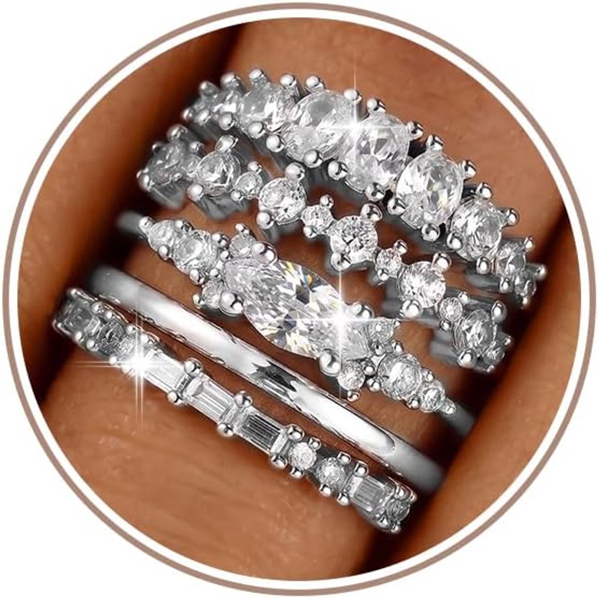 Stackable Silver Rings, 5PCS Dainty Cubic Zirconia Rings, Size 8 | Non-Tarnish Thumb Ring Set,Wedding Engagement Bands Silver Ring Stack,Trendy Statement Layered Rings,Jewlery Gifts for Women