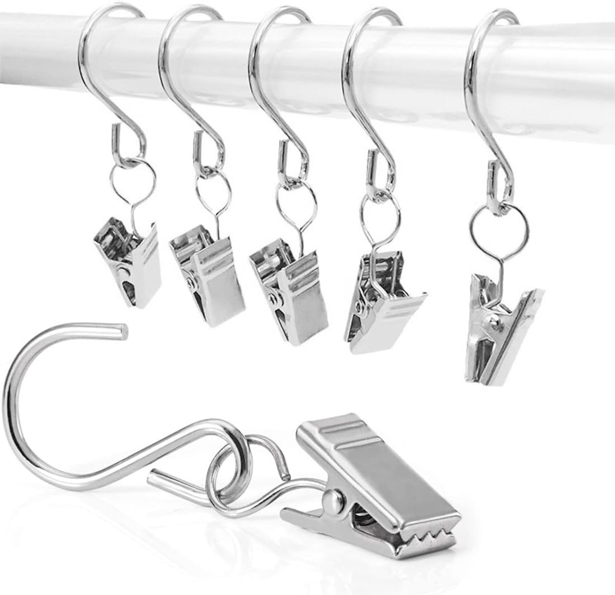 Gordijnklemmen, 50 stuks, gordijnclips en gordijnringen met clips, duurzaam en multifunctioneel, gordijnklemmen en klemmen met haken voor woondecoratie (zilver)