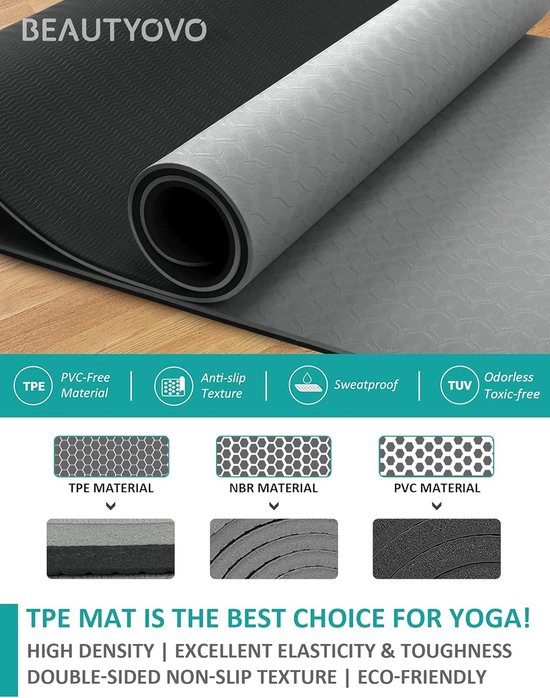 Yogamat - Sportmat Fitnessmat - Thuis Trainen - Antislip Textuur - 183x62 cm - Zwart Grijs van Yogamat — afbeelding 4