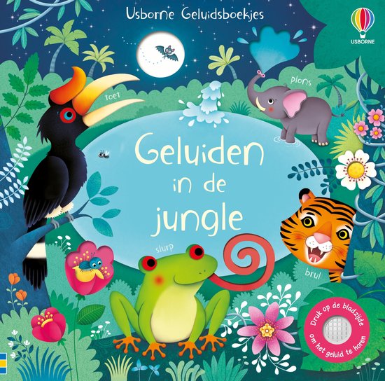 Un livre pour enfants intitulé 'Geluider in de jungle' au centre. Avec un toucan, un tigre, une grenouille, un éléphant, une chauve-souris et des fleurs.